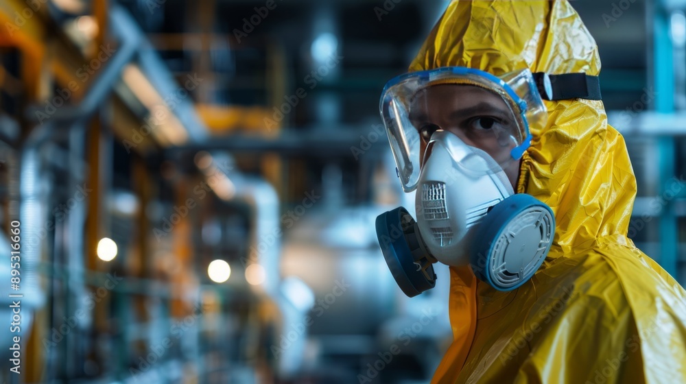 Worker in hazmat suit in an industrial setting Worker in hazmat suit in an industrial setting