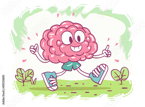 Cartoon brain character jogging outdoors. Cute brain wearing sneakers and shorts.