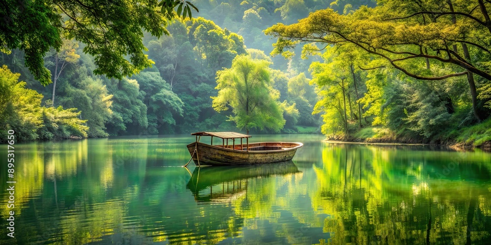 Boat floating on rustic lake surrounded by lush green trees , boat, rustic, lake, water, nature, peaceful, serene Boat floating on rustic lake surrounded by lush green trees , boat, rustic, lake, water, nature, peaceful, serene