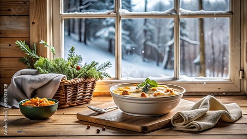 Cozy winter comfort food A warm dish by a snowy window, Winter, Comfort, Food, Cozy, Warmth, Snow, Window, Lifestyle, Hygge © Udomner