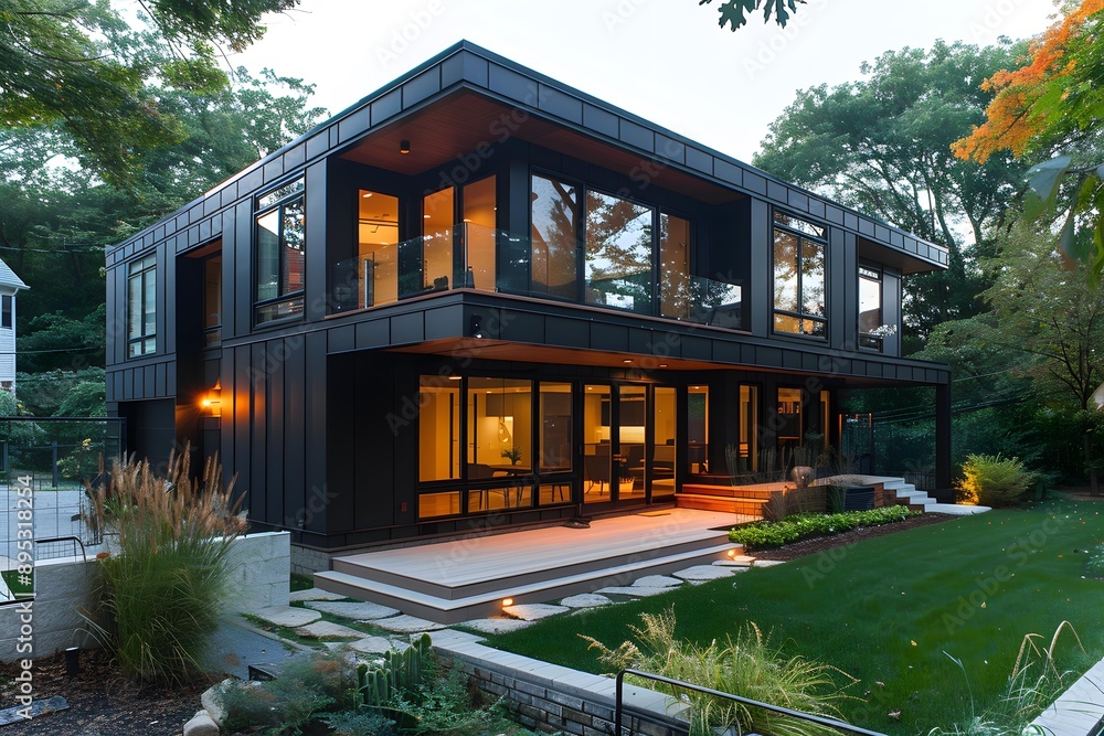 Modern Black House with Large Windows and Wooden Deck Modern Black House with Large Windows and Wooden Deck