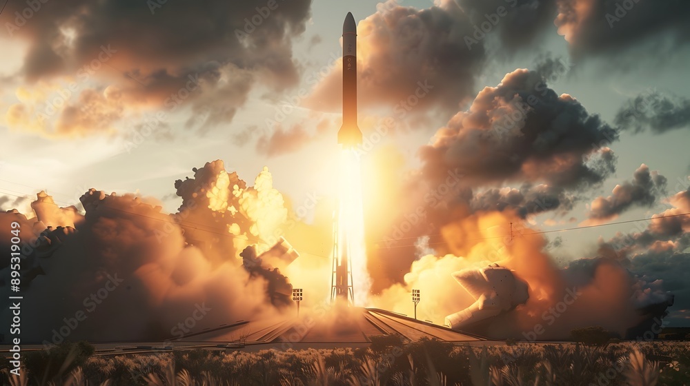 Fototapeta premium Dramatic Rocket Launch from Launch Pad Perspective at Sunset or Sunrise