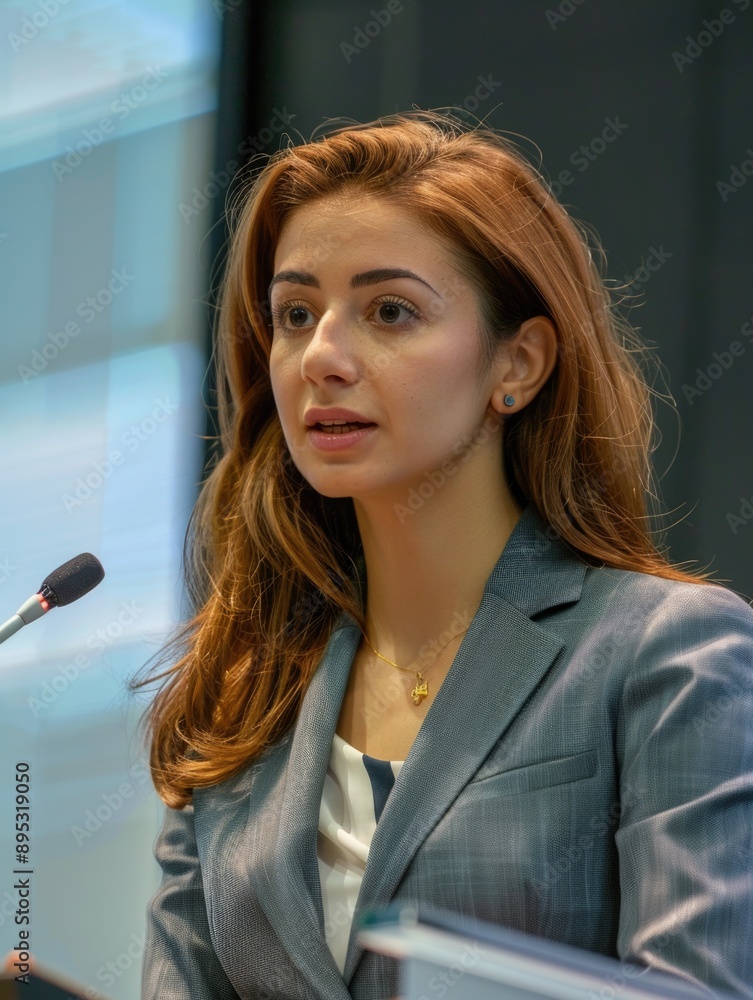 A professional woman stands at a podium speaking into a microphone, possibly during a corporate presentation or public speaking event A professional woman stands at a podium speaking into a microphone, possibly during a corporate presentation or public speaking event