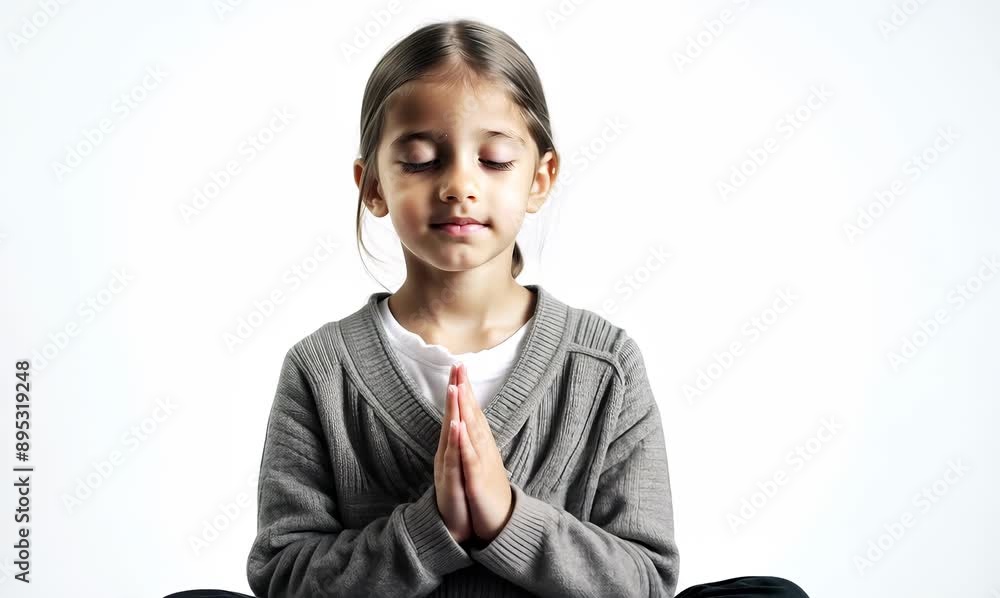 Medium shot portrait video of a female child practicing mindfulness, sophrology, relaxation & stress-reduction wearing a chic cardigan against a white background Medium shot portrait video of a female child practicing mindfulness, sophrology, relaxation & stress-reduction wearing a chic cardigan against a white background
