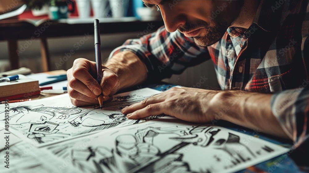 Cartoonist: Drawing comic strips or cartoons. Cartoonist: Drawing comic strips or cartoons.