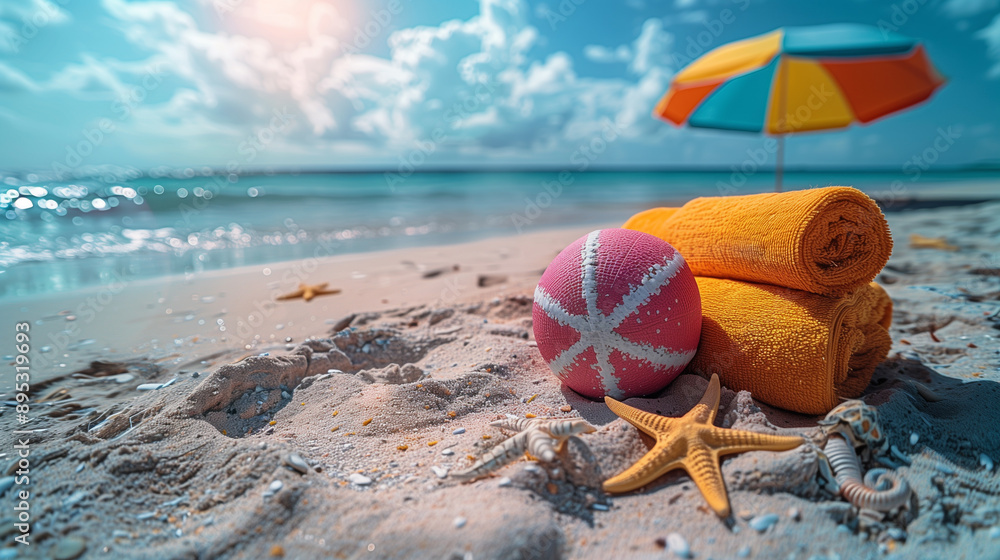 Close-Up Images of Beach Towels, Colorful Umbrellas, and Beach Toys on a Sandy Beach with Clear Blue Skies Digital Photography Close-Up Images of Beach Towels, Colorful Umbrellas, and Beach Toys on a Sandy Beach with Clear Blue Skies Digital Photography