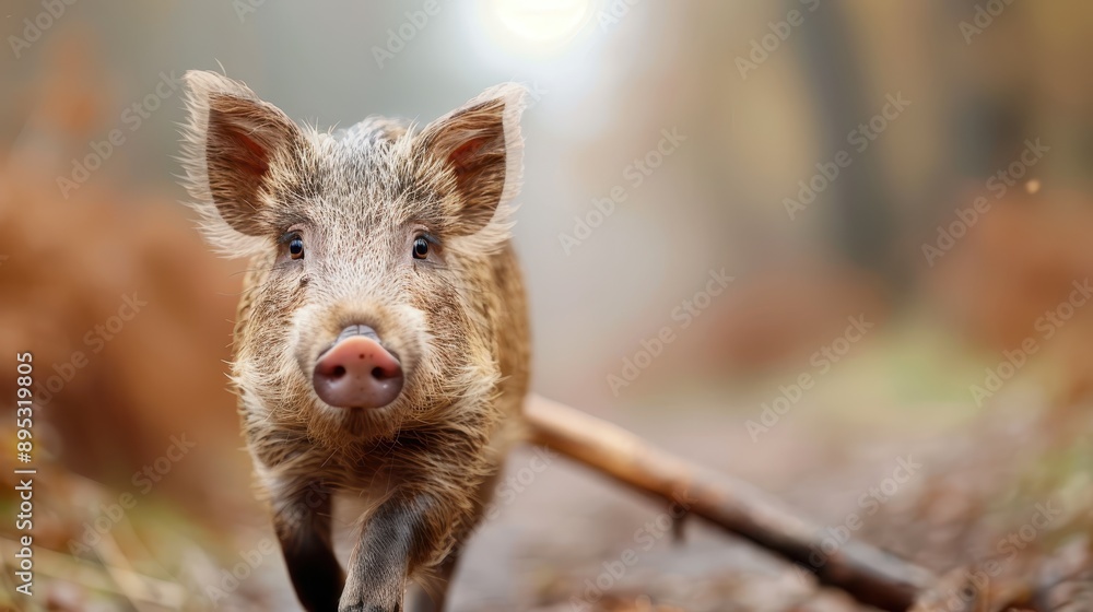 Charming image of a wild baby boar with detailed fur trotting on a forest path with blurred leaves in the background, capturing the essence of nature and wildlife. Charming image of a wild baby boar with detailed fur trotting on a forest path with blurred leaves in the background, capturing the essence of nature and wildlife.