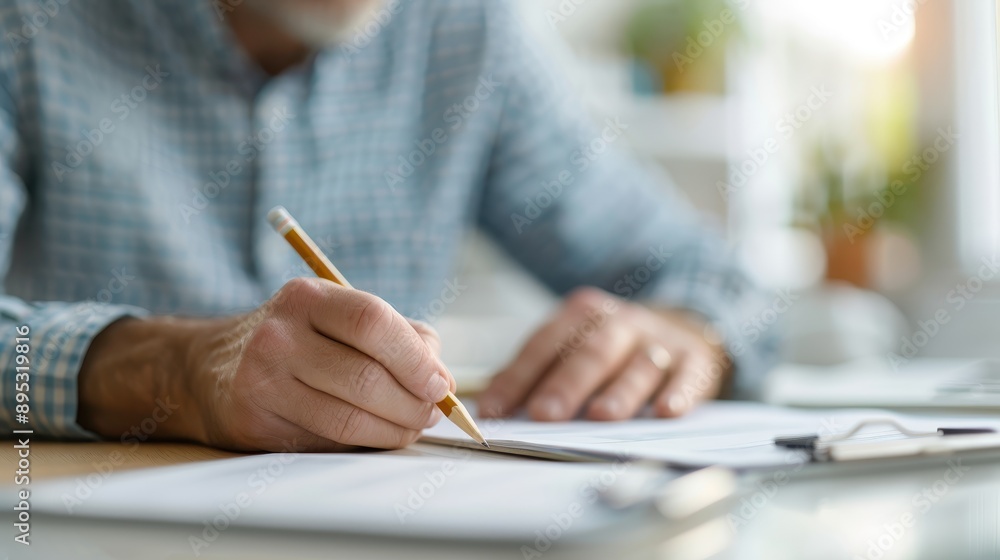 A close-up of an elderly person in a checkered shirt writing on documents with a pencil, seated at a desk with focus on the hand, indoors, in a bright and calm setting. A close-up of an elderly person in a checkered shirt writing on documents with a pencil, seated at a desk with focus on the hand, indoors, in a bright and calm setting.