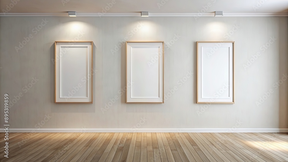 Minimalistic room with three blank frames on a pristine wall, perfect for wallpaper designs, modern, minimalistic Minimalistic room with three blank frames on a pristine wall, perfect for wallpaper designs, modern, minimalistic
