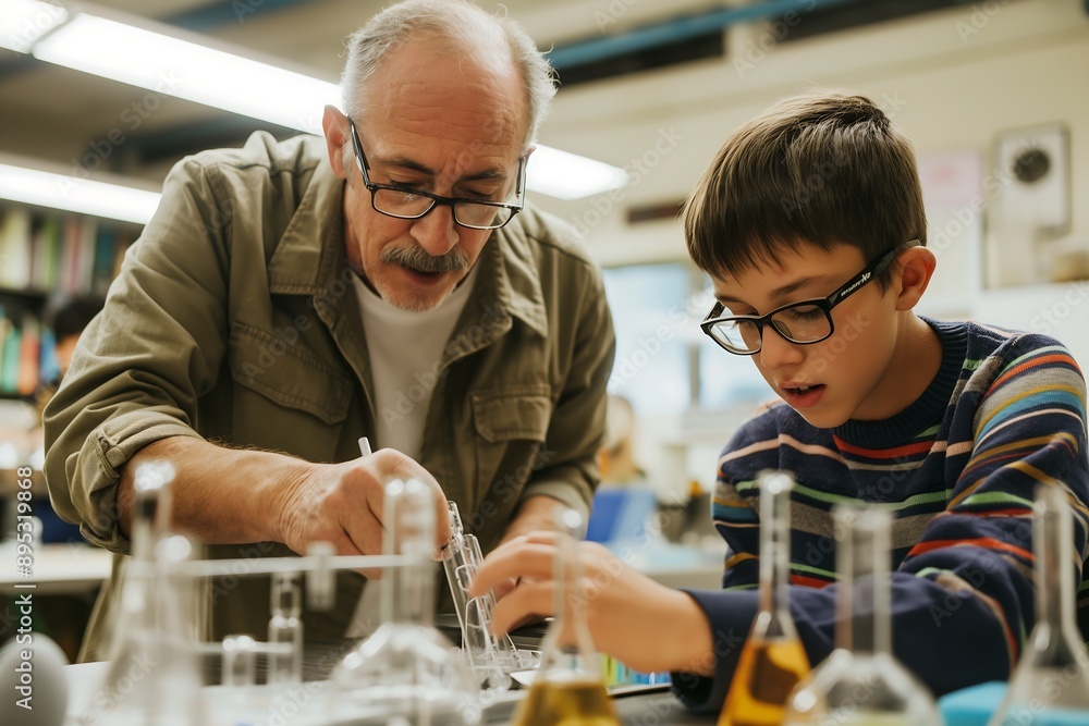 Teacher Helping a Student with a Science Project in a Laboratory Setting Teacher Helping a Student with a Science Project in a Laboratory Setting