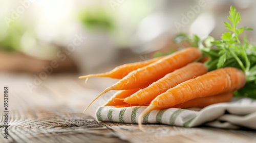 A close-up of fresh carrots with green tops, wrapped in a cloth and laid on a wooden surface, reflecting a homely and rustic setting with organic vibes. photo