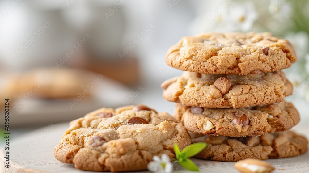 A delightful stack of almond cookies sits adorned with small white flowers in the background, showcasing a blend of natural beauty and culinary delight perfect for social gatherings. A delightful stack of almond cookies sits adorned with small white flowers in the background, showcasing a blend of natural beauty and culinary delight perfect for social gatherings.