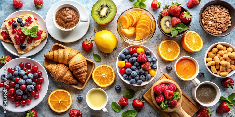 A delicious breakfast spread featuring a variety of fresh fruits , breakfast, fruits, healthy, colorful, food, meal, plate A delicious breakfast spread featuring a variety of fresh fruits , breakfast, fruits, healthy, colorful, food, meal, plate
