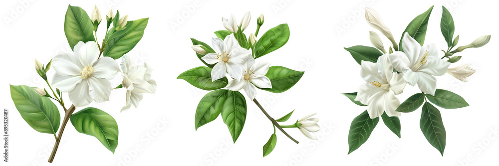 Beautiful illustrations of white jasmine flowers with green leaves, perfect for nature-themed designs and floral motifs. Beautiful illustrations of white jasmine flowers with green leaves, perfect for nature-themed designs and floral motifs.