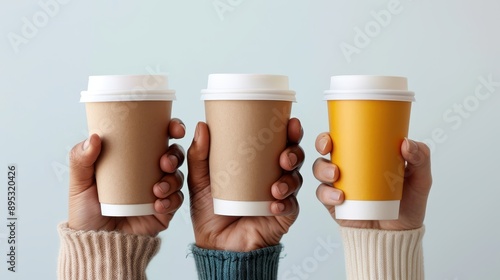 Image of three hands holding coffee cups with sleeves against a plain background, showcasing a diversity of hands and unity in a shared activity like drinking coffee. photo