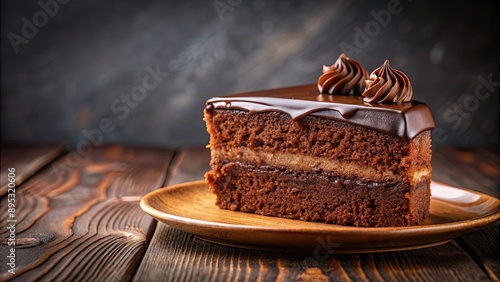 Piece of cake topped with rich, decadent chocolate frosting , dessert, sweet, indulgence, treat, bakery, confectionery, delicious