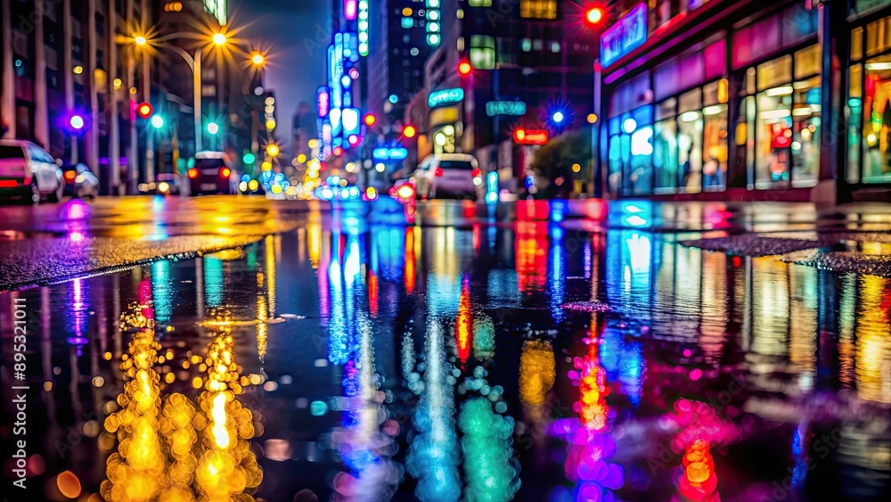 Obraz premium Rainy night cityscape with colorful reflections in puddles, city lights, urban, raining, wet pavement
