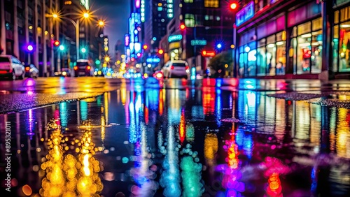 Rainy night cityscape with colorful reflections in puddles, city lights, urban, raining, wet pavement