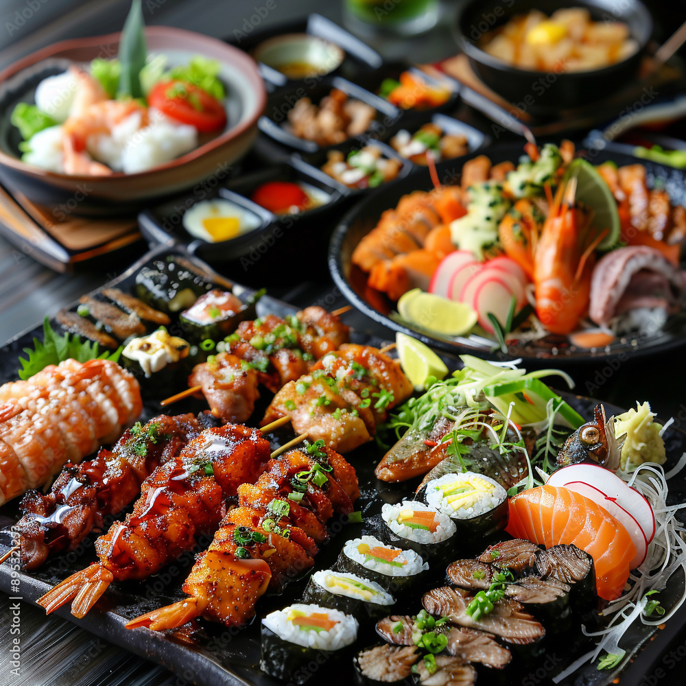 The Authentic Izakaya Food Selection with Delicious Array of Traditional Japanese Cuisine. Ideal for use in restaurant menus, food blogs, culinary advertisements, travel brochures, and social media The Authentic Izakaya Food Selection with Delicious Array of Traditional Japanese Cuisine. Ideal for use in restaurant menus, food blogs, culinary advertisements, travel brochures, and social media