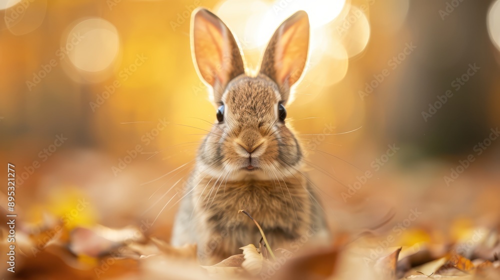 A cute rabbit sits amidst autumn leaves in a forest setting, capturing a serene and charming moment in nature as the season changes from summer to fall. A cute rabbit sits amidst autumn leaves in a forest setting, capturing a serene and charming moment in nature as the season changes from summer to fall.