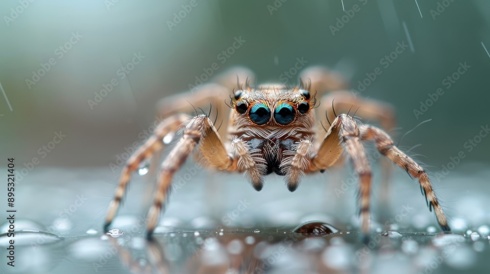 A striking image of a jumping spider, sitting surrounded by droplets, creating a strong contrast against the blurred background, encapsulating post-rain atmosphere beautifully. A striking image of a jumping spider, sitting surrounded by droplets, creating a strong contrast against the blurred background, encapsulating post-rain atmosphere beautifully.