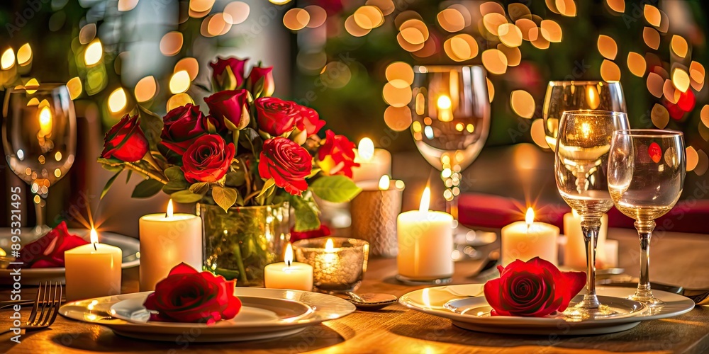 Romantic dinner setting with elegant table decor and candlelight, romance, love, dinner, setting, elegant Romantic dinner setting with elegant table decor and candlelight, romance, love, dinner, setting, elegant