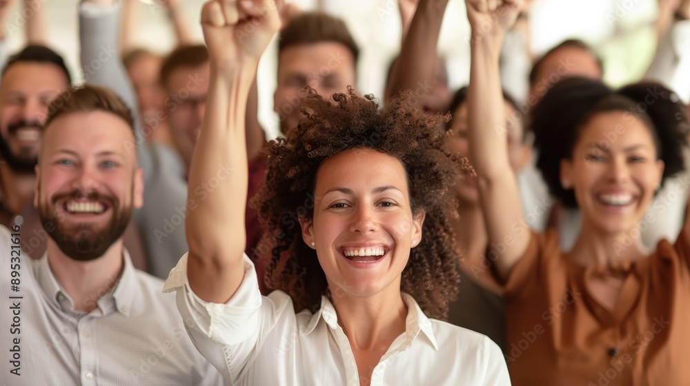 A cheerful woman raises her fist triumphantly into the air, surrounded by a supportive and enthusiastic crowd, symbolizing victory, unity, and collective celebration. A cheerful woman raises her fist triumphantly into the air, surrounded by a supportive and enthusiastic crowd, symbolizing victory, unity, and collective celebration.