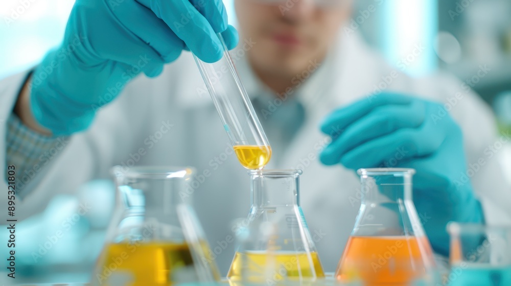 A scientist wearing gloves and protective eyewear is seen conducting an experiment in a modern laboratory, carefully using a pipette to mix chemicals in flasks. A scientist wearing gloves and protective eyewear is seen conducting an experiment in a modern laboratory, carefully using a pipette to mix chemicals in flasks.