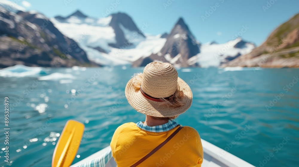 Fototapeta premium A person in a straw hat is kayaking on a serene blue lake surrounded by majestic snow-capped mountains, reflecting the tranquil and adventurous spirit of the scene.