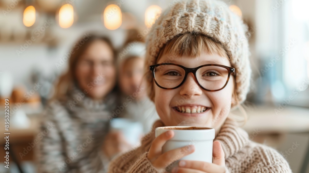 A cheerful child wearing glasses and a knit hat, smiling while holding a hot drink, with a blurred background of people enjoying their time in a cozy indoor setting. A cheerful child wearing glasses and a knit hat, smiling while holding a hot drink, with a blurred background of people enjoying their time in a cozy indoor setting.