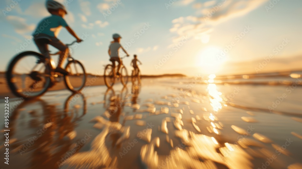 Fototapeta premium Several children biking along the wet sands of a beach as the sun sets in the background, conveying a sense of exploration, freedom, and the beauty of nature.