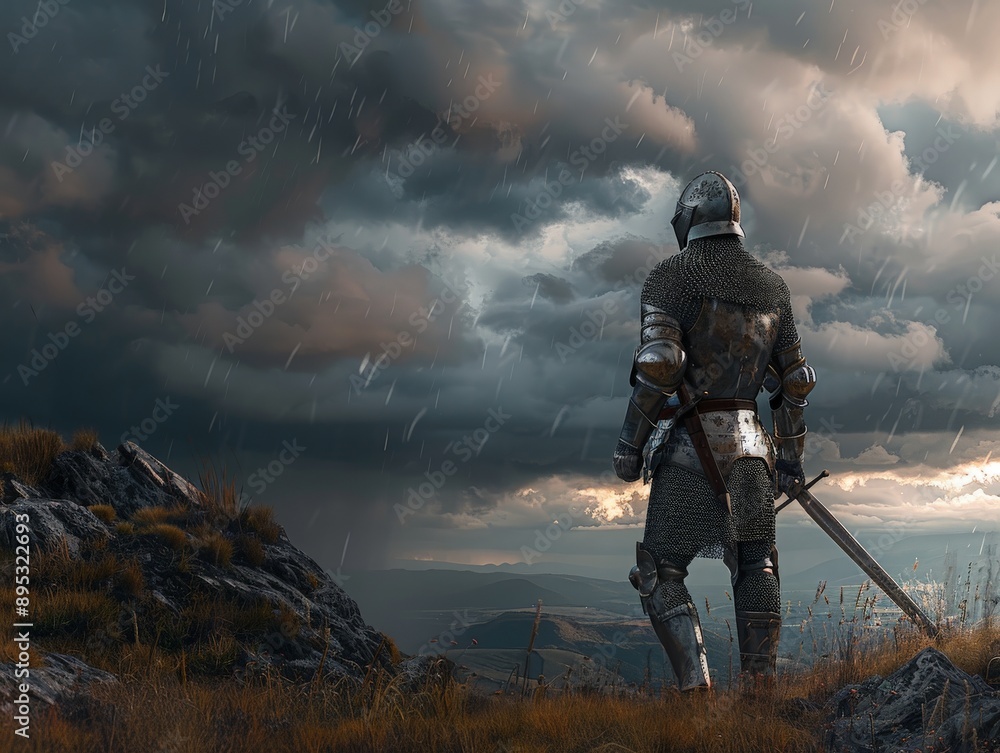 Knight in shining armor standing alone on a grassy hilltop, with a dramatic stormy sky in the background, highlighting the contrast between the medieval figure and nature's elements Knight in shining armor standing alone on a grassy hilltop, with a dramatic stormy sky in the background, highlighting the contrast between the medieval figure and nature's elements
