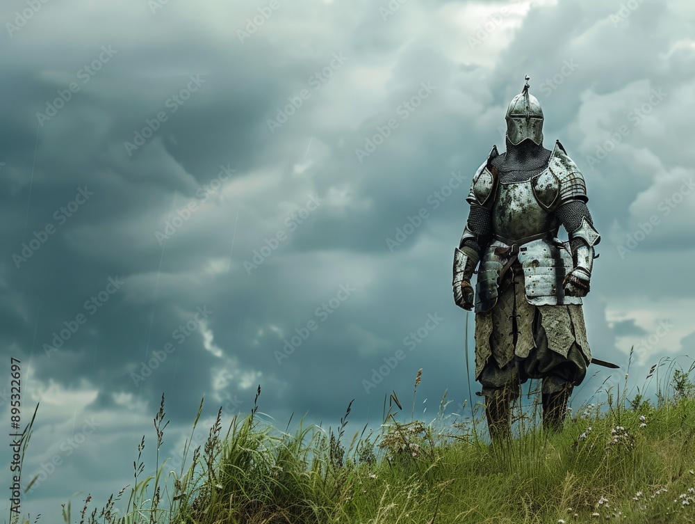 Knight in shining armor standing alone on a grassy hilltop, with a dramatic stormy sky in the background, highlighting the contrast between the medieval figure and nature's elements Knight in shining armor standing alone on a grassy hilltop, with a dramatic stormy sky in the background, highlighting the contrast between the medieval figure and nature's elements
