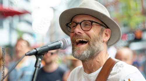 A street musician wearing a hat and glasses passionately singing into a microphone during an outdoor performance, creating a lively and engaging atmosphere for passersby.