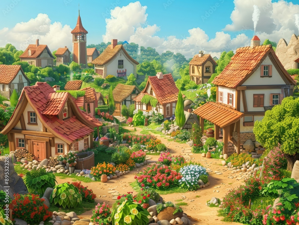 Obraz premium Quaint 3D cartoon village with charming houses, friendly villagers, and lush gardens, surrounded by a high-quality background that captures the peaceful and welcoming community 