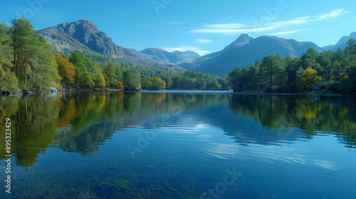 Reflection Shot of Calm Lake with Mirrored Mountains and Trees Under Clear Sky