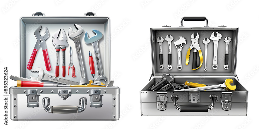 A collection of various tools neatly organized in a metallic toolbox, ideal for repairs and DIY projects. A collection of various tools neatly organized in a metallic toolbox, ideal for repairs and DIY projects.