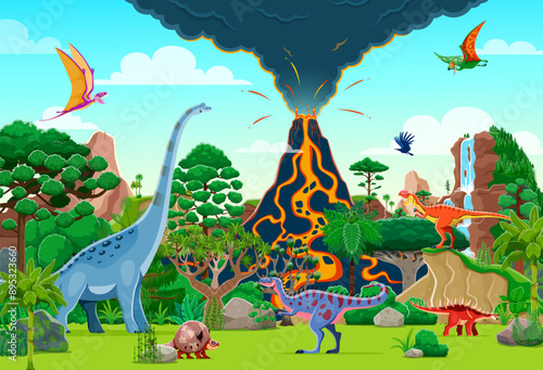 Volcano with lava and prehistoric dinosaurs landscape. Vector Jurassic era scene with volcanic eruption, surrounded by lush greenery and dino animals flying and roaming among trees and vegetation