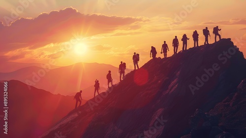 Business team success concept.silhouette of business man on peak mountain climbing helping on sunset background teamwork. 