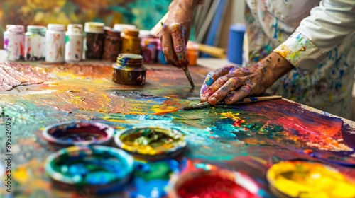 An artist painting a large canvas in a spacious studio, with colorful paints and brushes scattered around, Studio scene © Jennifer