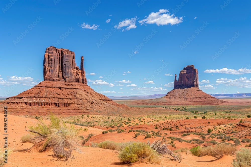 West and East Mitten Buttes, Monument Valley Navajo Tribal Park in northeast Navajo County, Arizona, USA - generative ai West and East Mitten Buttes, Monument Valley Navajo Tribal Park in northeast Navajo County, Arizona, USA - generative ai