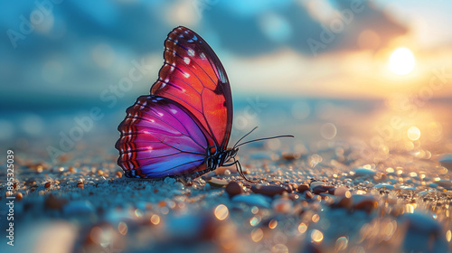 Close-Up of Purple Butterfly on Tropical Beach with Azure Waters