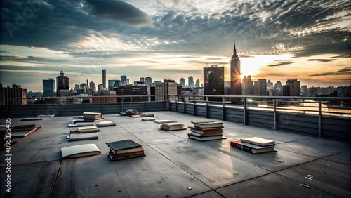 Books scattered on a rooftop with a city skyline in the background, roof, books, reading, education, city, skyline