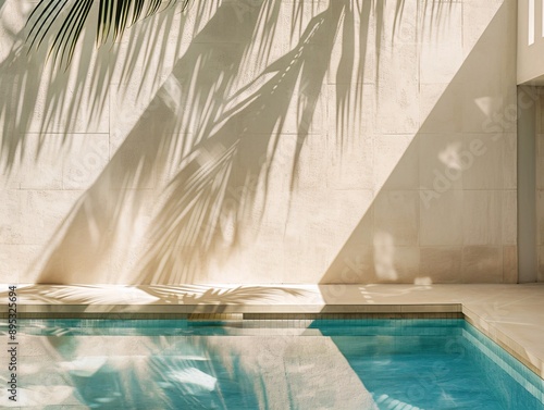 4. Poolside luxury scene with a plaster wall bathed in sunlight, the shadow of palm fronds, and sparkling blue pool water, epitomizing a beach vacation retreat with minimalist architecture photo