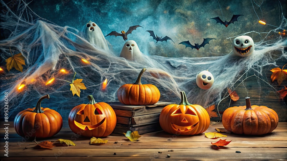Spooky Halloween scene with pumpkins, cobwebs, ghosts, bats, and witches, Halloween, scene, pumpkins, cobwebs, ghosts Spooky Halloween scene with pumpkins, cobwebs, ghosts, bats, and witches, Halloween, scene, pumpkins, cobwebs, ghosts