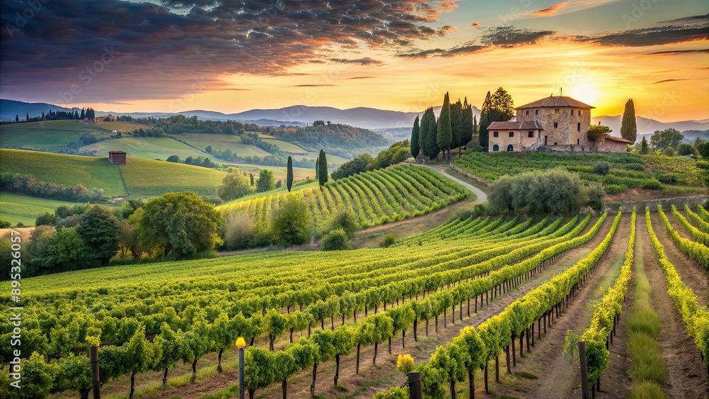 Tranquil vineyard scene in Tuscany with rustic villa in the distance , vineyard, Tuscany, rolling hills, grapevines Tranquil vineyard scene in Tuscany with rustic villa in the distance , vineyard, Tuscany, rolling hills, grapevines