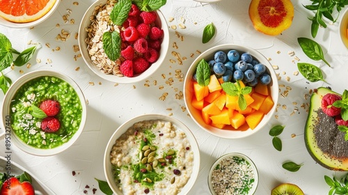 A bright and healthy breakfast setup with various bowls of oatmeal, fresh fruits, and seeds. The arrangement includes raspberries, blueberries, kiwi, and granola on a white background