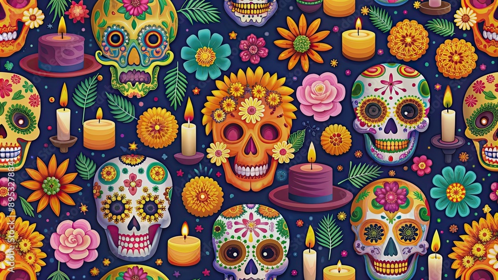 Colorful Dia de Muertos seamless pattern with sugar skulls, marigold flowers, and candles Colorful Dia de Muertos seamless pattern with sugar skulls, marigold flowers, and candles