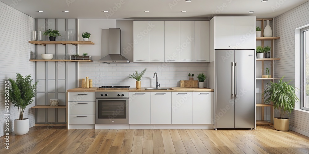 Minimalist country kitchen featuring a sleek fridge, minimalist, country, kitchen, sleek, fridge, clean, modern Minimalist country kitchen featuring a sleek fridge, minimalist, country, kitchen, sleek, fridge, clean, modern