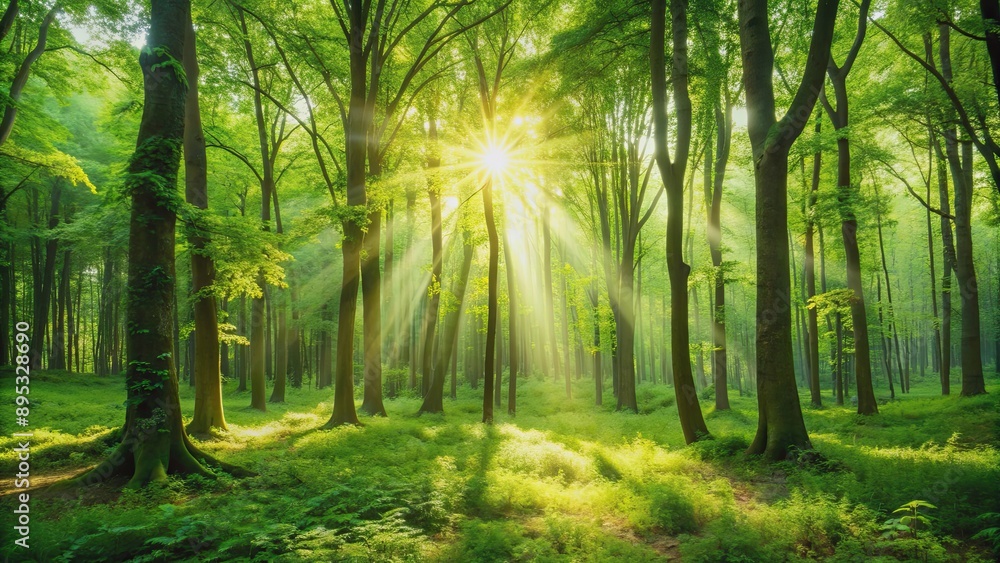 Obraz premium Lush green forest with sunlight filtering through the trees, nature, scenery, trees, forest, lush, green, sunlight